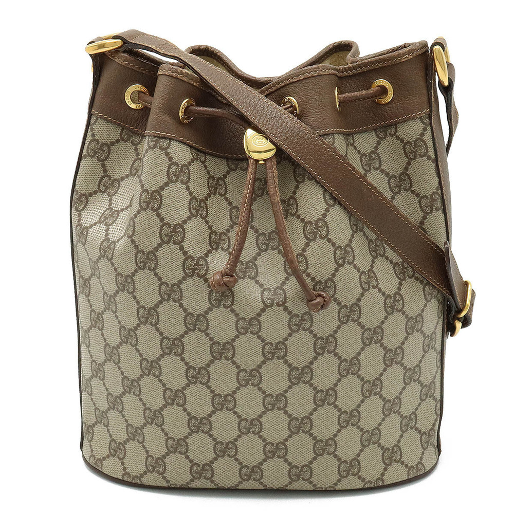 Gucci GG Plus Shoulder Bag Drawstring Leather Beige Cream Mocha Brown